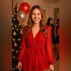 B. Smart Vibrant Red Sheer Mini C Neck Dress